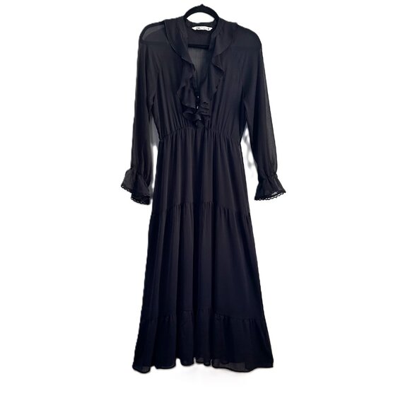 Zara | Chiffon Tiered, Ruffle collar V-neck Maxi Dress Black | SZ Small Women's - Picture 3 of 15